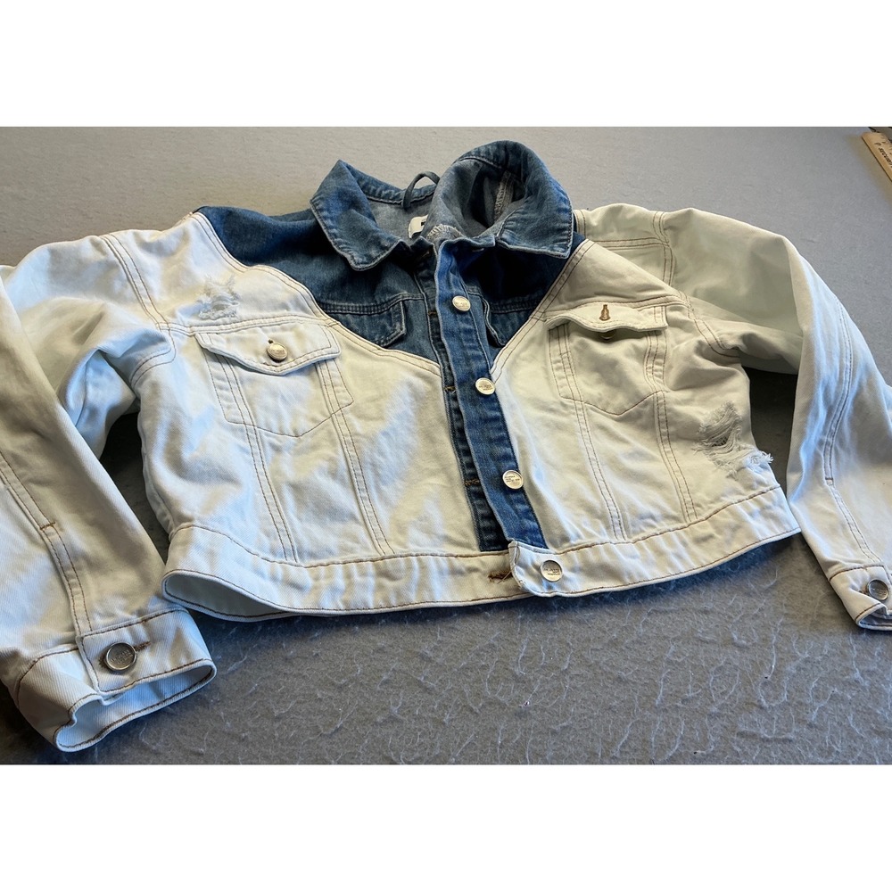 B.U.M. Equipment Two Tone Denim Jacket Distressed‎ Cropped Blue White L Western